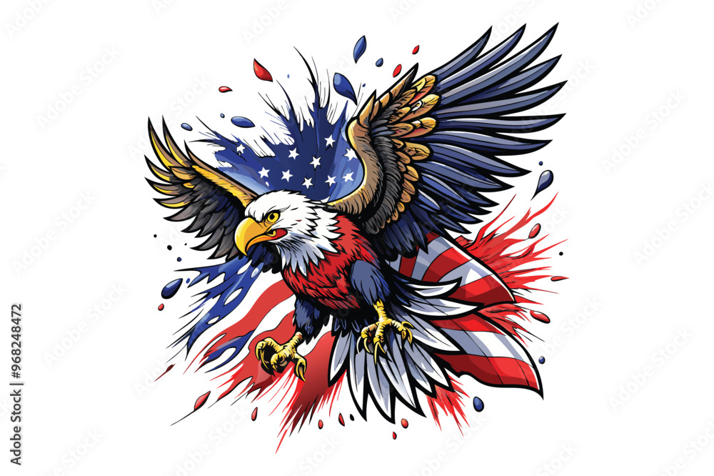 Obraz premium Flying bald eagle with American national flag 2d flat color vector art illustration