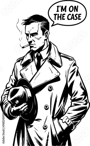 Detective Illustration with Smoking Man in Trench Coat