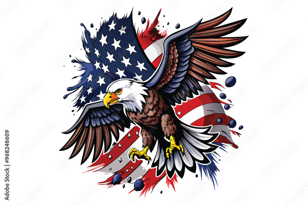 Fototapeta premium Flying bald eagle with American national flag 2d flat color vector art illustration