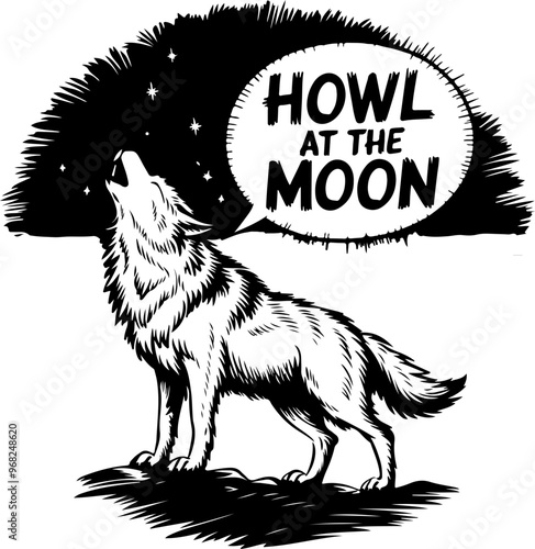 Wolf Howling at the Moon in Black and White Design