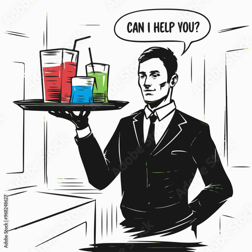 Waiter Serving Colorful Drinks with a Question