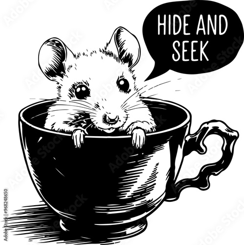 Cute Mouse in Cup with Speech Bubble Saying 'Hide and Seek'