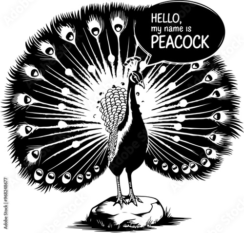 Cartoon Peacock with Speech Bubble Introducing Itself