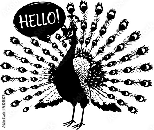 Stylized Peacock with Speech Bubble Saying 'Hello'