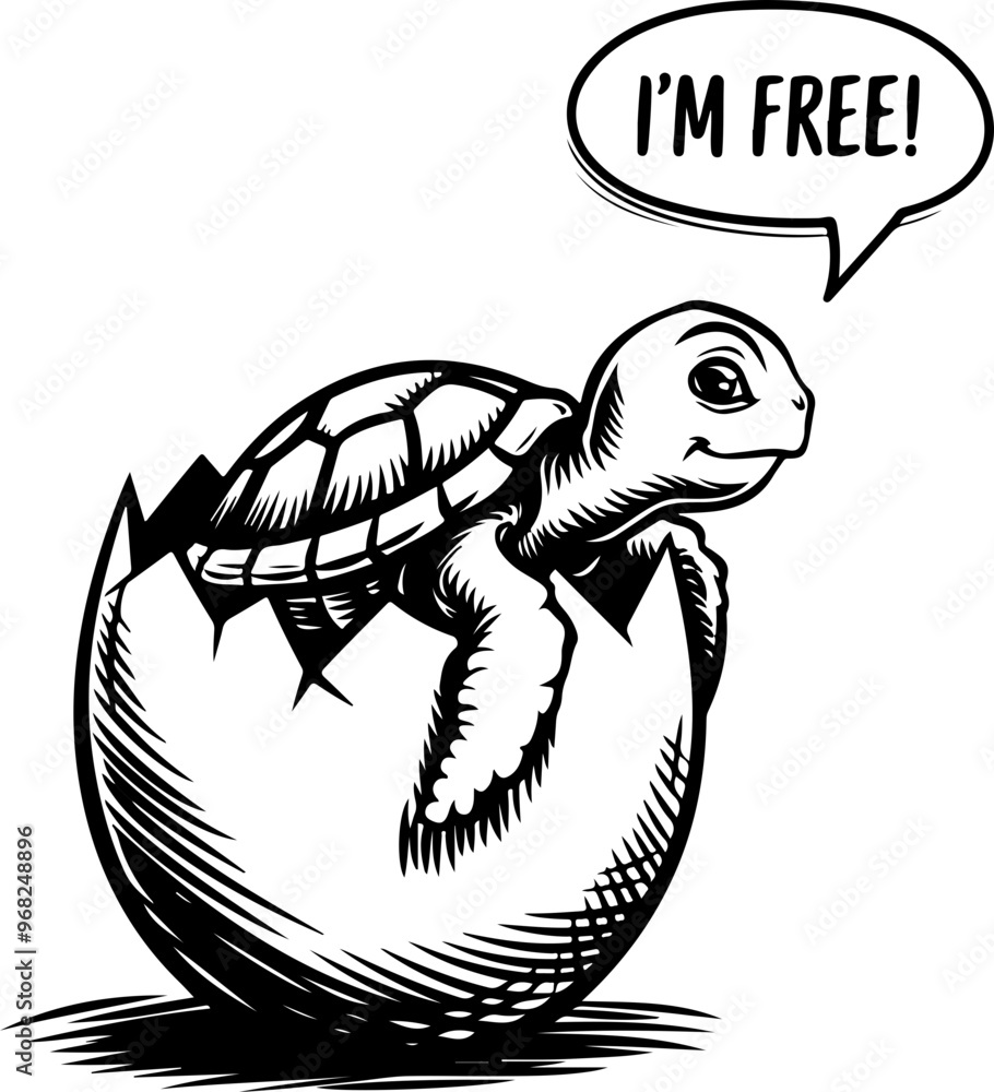 Fototapeta premium Turtle Hatching from Egg with Cheerful Expression