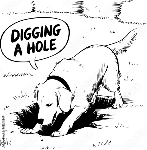 Illustration: Dog Digging a Hole with Speech Bubble