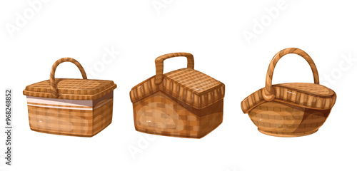 Wicker cartoon baskets with closed lid set. Funny retro handmade traditional hampers made of wood. Basketwork and food storage mascot, cartoon decorative brown braided baskets vector illustration