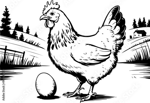 Illustration of Chicken with Egg on Farm Landscape