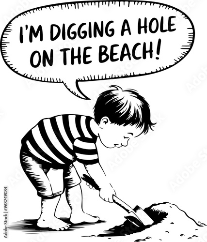 Child Digging a Hole on the Beach - Comic Style