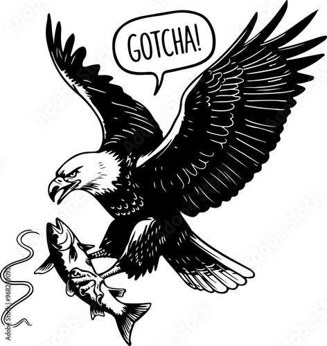 Eagle Catching Fish in Bold Black and White Illustration