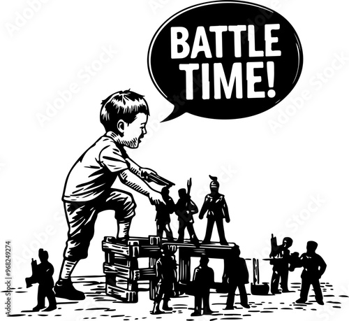 Child Playing with Toy Soldiers in Battle Scene