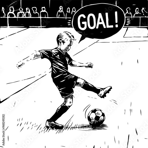 Black and White Soccer Illustration: Boy Scoring a Goal