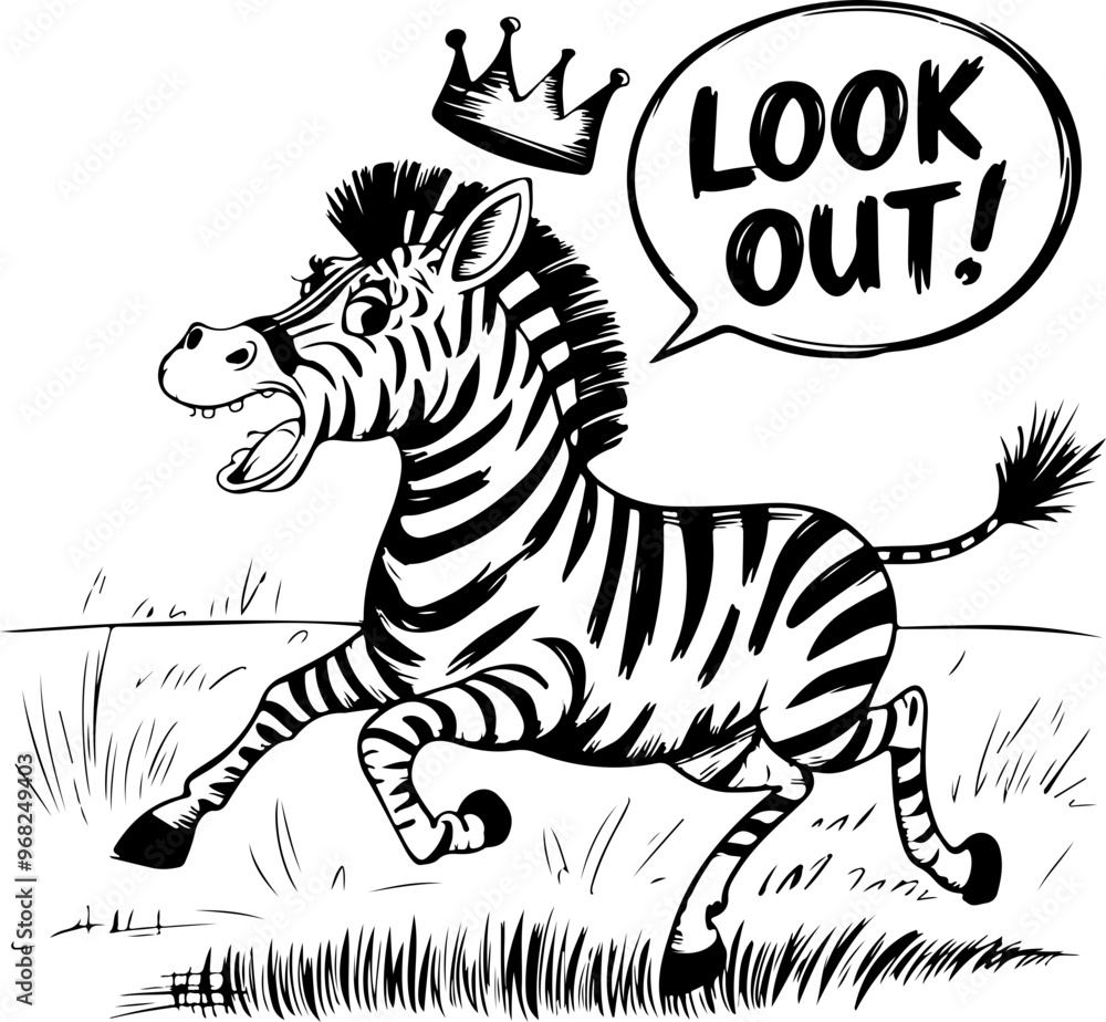 Fototapeta premium Playful Zebra with Crown and Exclamation Bubble
