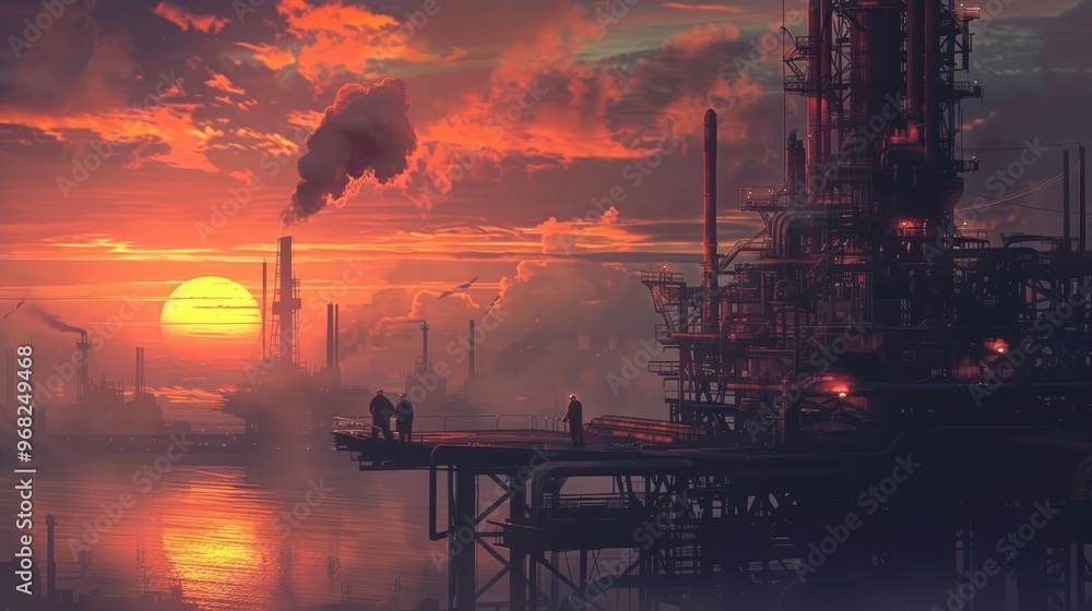 Sunset Over an Industrial Complex With Silhouettes by the River at Dusk. Generative AI Sunset Over an Industrial Complex With Silhouettes by the River at Dusk. Generative AI