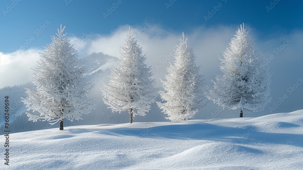 Snow covered spruce trees in a serene white landscape beneath a clear blue sky in Scandinavia snowdrifts banner Snow covered spruce trees in a serene white landscape beneath a clear blue sky in Scandinavia snowdrifts banner