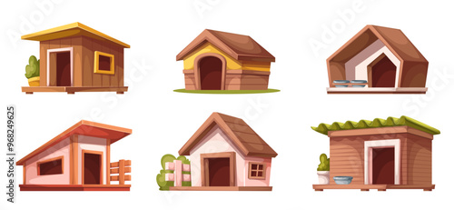 Doghouses set, cartoon wooden dogs kennels. Funny houses made of wood with fences for puppy care and shelter, cartoon collection of backyard and park comic cabins of dogs vector illustration