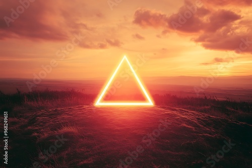 Glowing Neon Triangle at Sunset on Beach