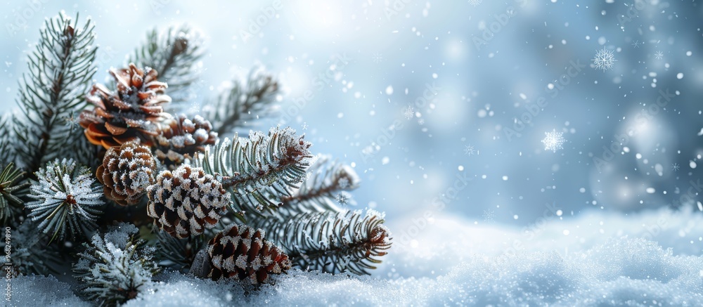 Festive New Year s ornaments on snowy spruce branch with blank space for Merry Christmas greetings wide banner Festive New Year s ornaments on snowy spruce branch with blank space for Merry Christmas greetings wide banner