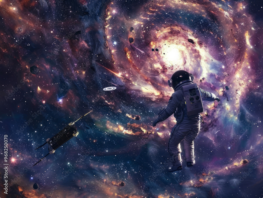 Naklejka premium Astronaut Floating Through a Vibrant Cosmic Portal in Deep Space