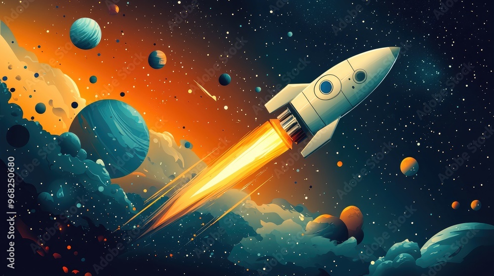 custom made wallpaper toronto digitalColorful Rocket Launch in Outer Space with Multiple Planets and Stars