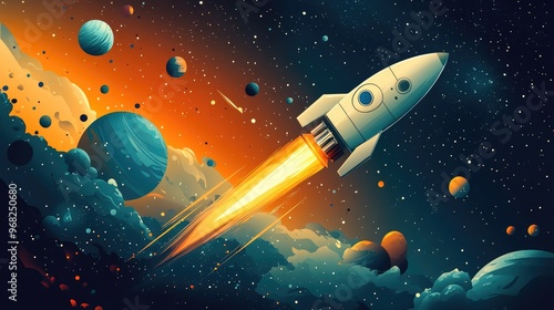 Wallpaper Mural Colorful Rocket Launch in Outer Space with Multiple Planets and Stars Torontodigital.ca