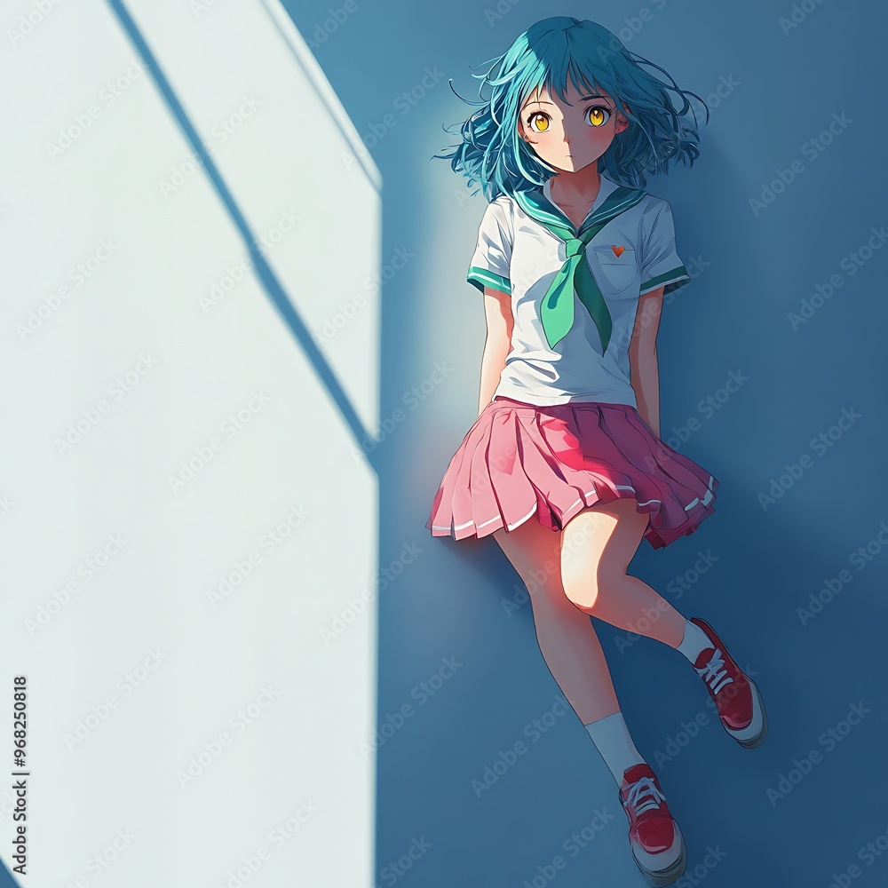 Anime girl in school uniform lying on the floor with light shining on her