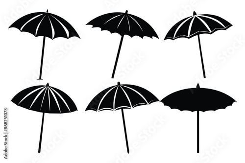 Beach umbrella and beach chair on seacoast vector silhouette artwork illustration bundle set