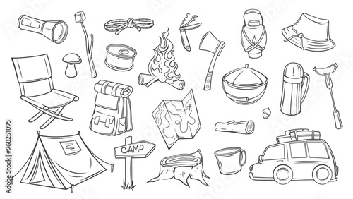 Camping, travel accessories and supplies of tourist line icons set. Outline backpack and flashlight, tent and picnic kit. Survival, adventure mascot, hand drawn camping icons vector illustration