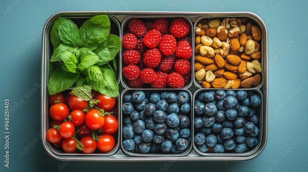 Healthy Bento Box with Fresh Vegetables, Berries, Nuts, and Herbs on Blue Background Healthy Bento Box with Fresh Vegetables, Berries, Nuts, and Herbs on Blue Background