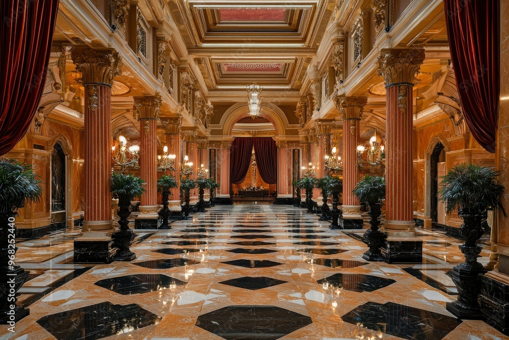 Obraz premium Ornate Hallway with Gold Accents and Marble Flooring