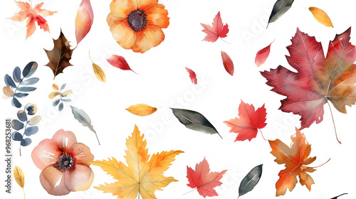 Colorful Autumn Leaves and Flowers Arranged on a White Background. Generative AI