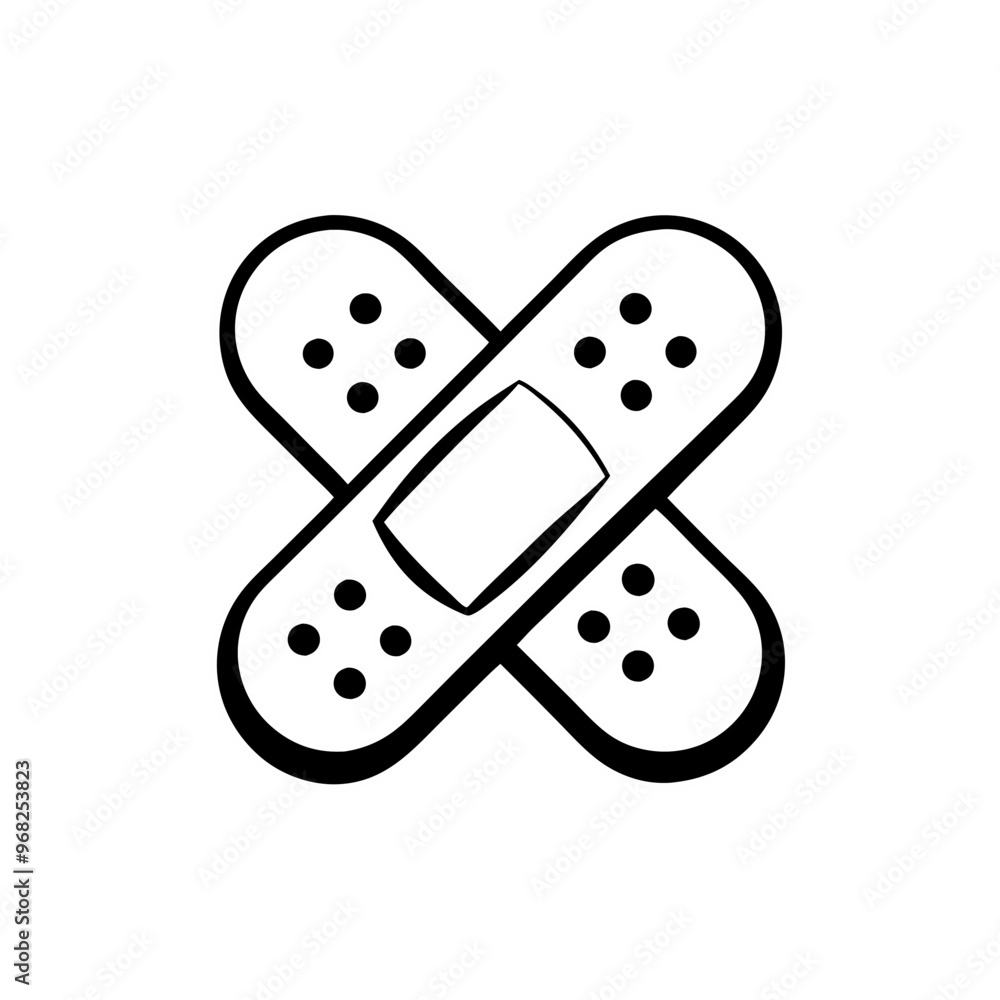 Minimalist White Bandage Icon, Medical Cross Symbol, Black Background Minimalist White Bandage Icon, Medical Cross Symbol, Black Background