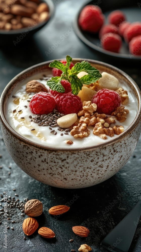 Healthy Breakfast with Yogurt, Raspberries, Nuts, and Chia Seeds in Ceramic Bowl on Dark Background Healthy Breakfast with Yogurt, Raspberries, Nuts, and Chia Seeds in Ceramic Bowl on Dark Background