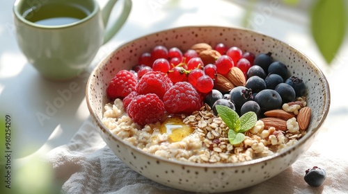 Fresh Breakfast Bowl with Oatmeal, Berries, Nuts, and Honey for a Healthy Start