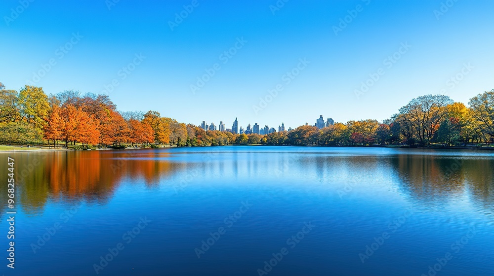Autumn Trees Reflecting in Calm Lake with City Skyline in Background Autumn Trees Reflecting in Calm Lake with City Skyline in Background