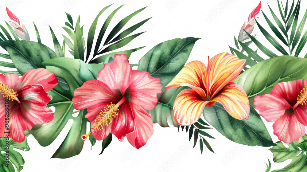 Vibrant Tropical Floral Arrangement Featuring Hibiscus and Palm Leaves. Generative AI Vibrant Tropical Floral Arrangement Featuring Hibiscus and Palm Leaves. Generative AI