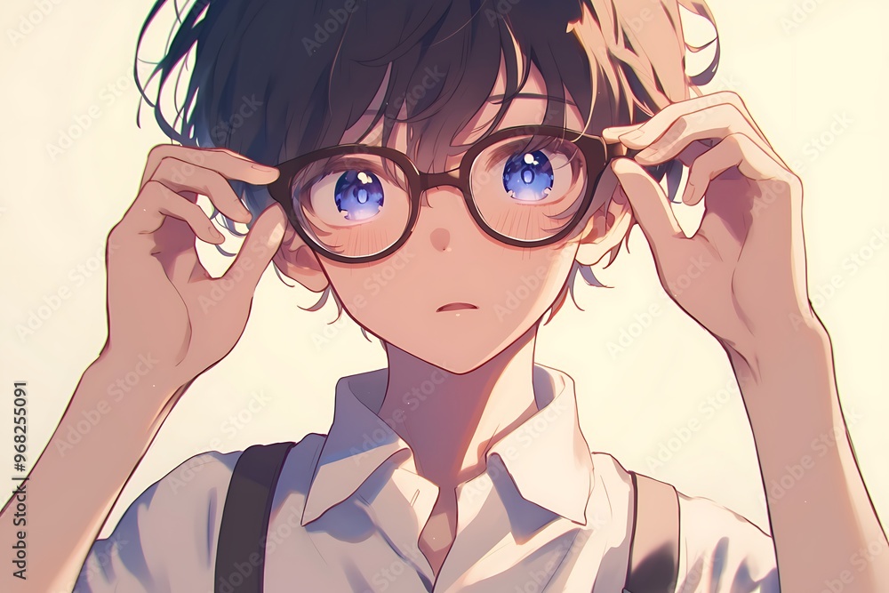 Anime Boy with Blue Eyes and Glasses, Digital Art Illustration