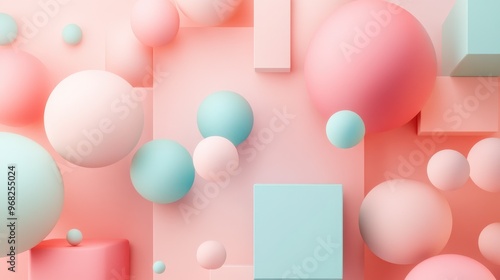 Abstract Geometric Background with Pastel Spheres and Cubes in Soft Pink and Blue Tones