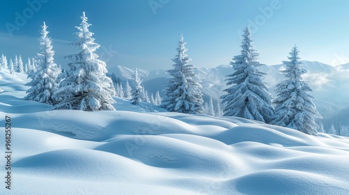 Snow covered fluffy spruce trees in a white field beneath a clear blue sky in Scandinavia winter landscape snowdrifts banner