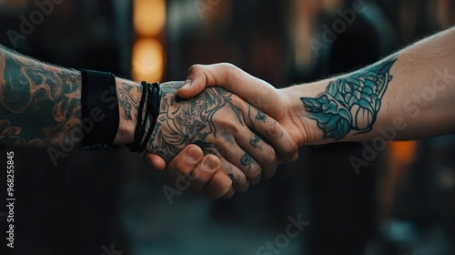 Two people shaking hands with tattoos on their arms