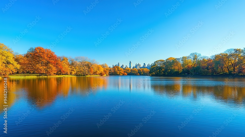 Autumnal Trees Reflecting in a Serene Lake with City Skyline in the Distance Autumnal Trees Reflecting in a Serene Lake with City Skyline in the Distance