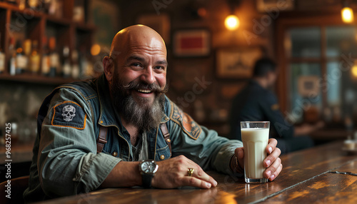 Smiling tattoed bald biker in a bar wearing a denim jacket with a skull patch holding a glass of milk. Humorous concept photo