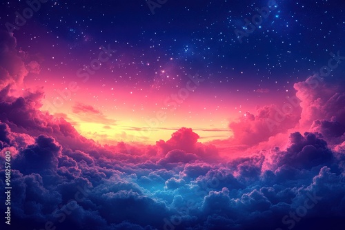 A breathtaking view of colorful clouds at sunset, illuminated by starlight. Perfect for nature lovers and dreamers.