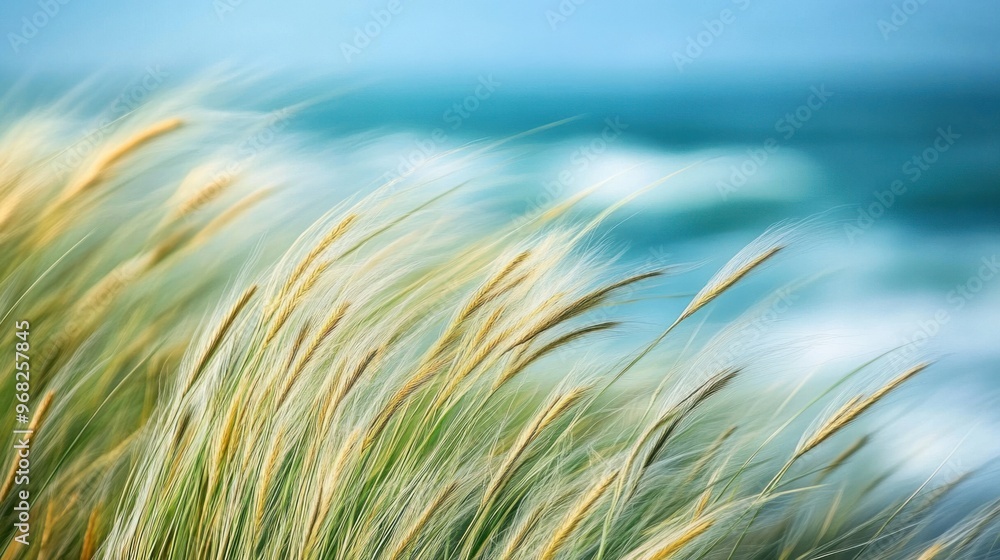 Abstract close-up of wind-swept grass with the sea blurred in the background. Abstract close-up of wind-swept grass with the sea blurred in the background.