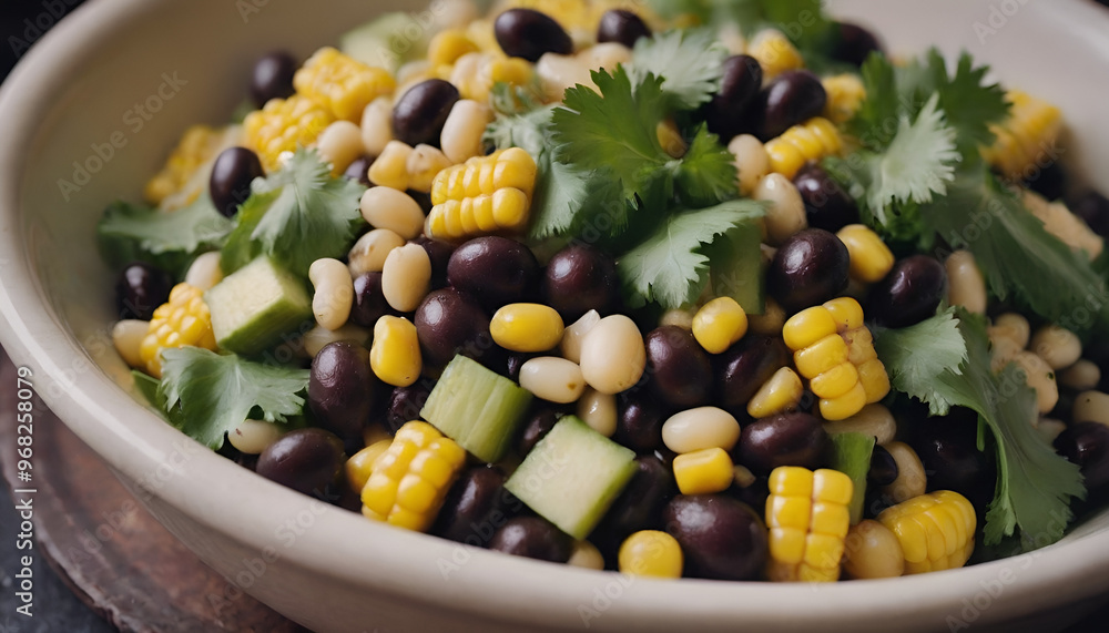 closeup of black bean and corn salad in a bowl closeup of black bean and corn salad in a bowl