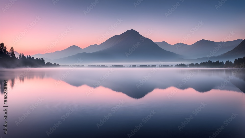 A serene lake with mist reflecting the mountains and the pink sunrise. A serene lake with mist reflecting the mountains and the pink sunrise.