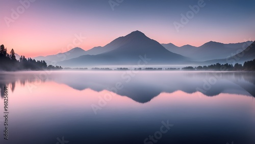 A serene lake with mist reflecting the mountains and the pink sunrise.