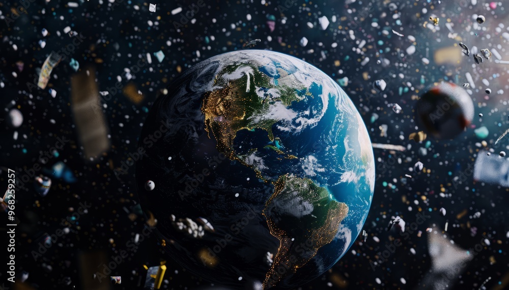 Earth Surrounded by Space Debris Highlighting the Impact of Pollution in Orbit. Generative AI Earth Surrounded by Space Debris Highlighting the Impact of Pollution in Orbit. Generative AI