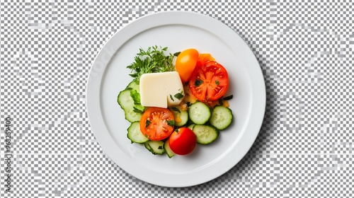 A plate of food with a variety of vegetables including tomatoes, cucumbers