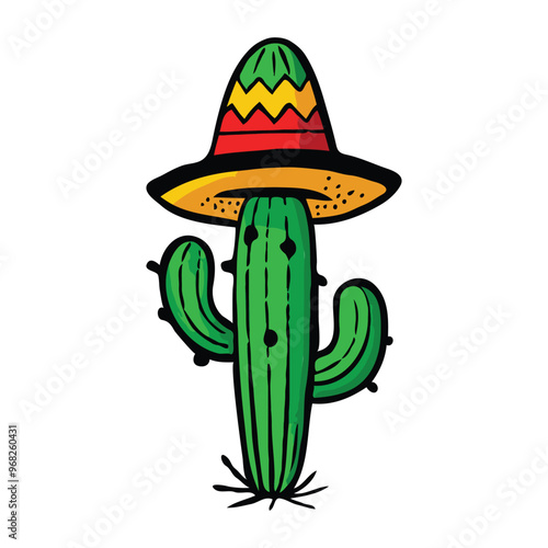 Cartoon style cactus tree with sombrero